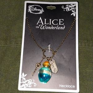 Alice in Wonderland Blue potion, Key, Drink Me charm necklace.